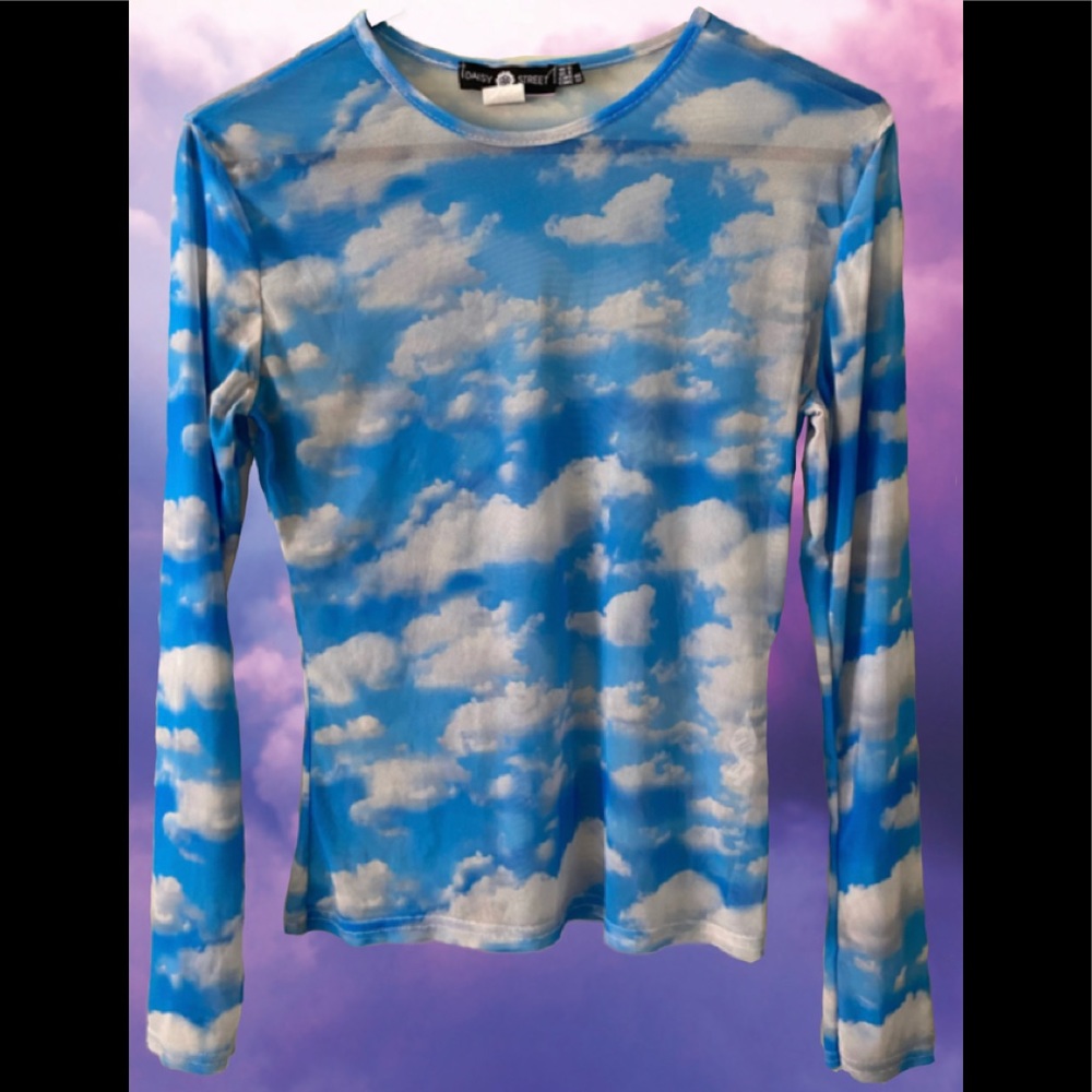 DAISYSTREET | Sheer Blue Sky Puffy White Clouds Print | Long Sleeve | M copy